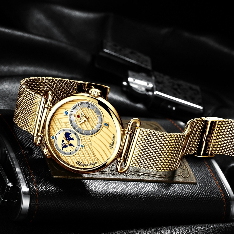 Dual Dial Quartz Wristwatch Top Luxury REWARD Mesh Belt Men Watch High Quality Casual Watches Waterproof Watch For Male