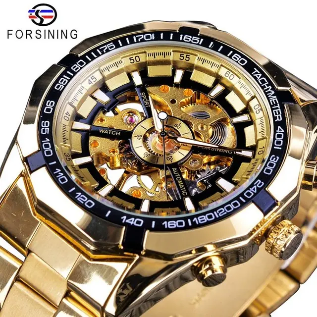Forsining Watch Top Brand Luxury Full Golden Men Mechanical Skeleton Clock Sport Designer Fashion Casual Watches Men Wrist