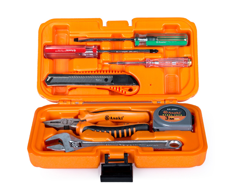 Asaki 8pcs Home Use Gift Repair Hand Tool Set Adjustable Spanner Combination Pliers Screwdriver Utility Knife Measuring Tapes