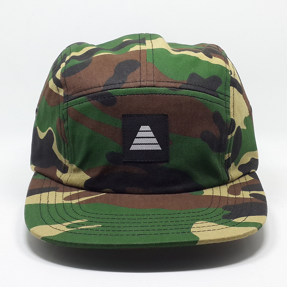 Popular product polyester camo fabric leather strap camp 5 panel hat caps hats neon trucker hat