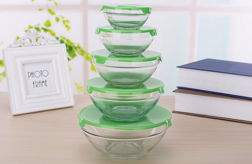Haonai wholesale bulk good quality 5pcs glass bowl set,glass bowl with lid