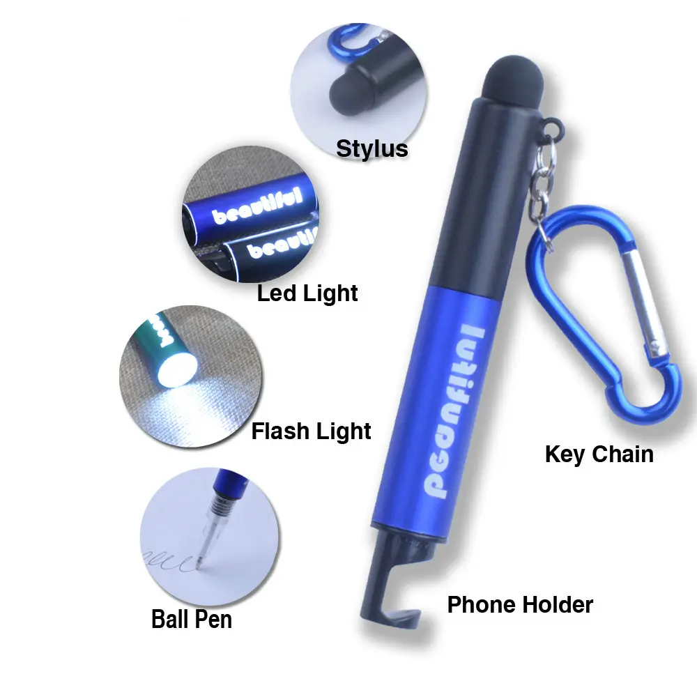 Led Light Pen With Stylus And Phone Holder Hot Sales Promotional Gift Multifunctional Led Flash Light Stylus Pen With Keychain And Phone Holder