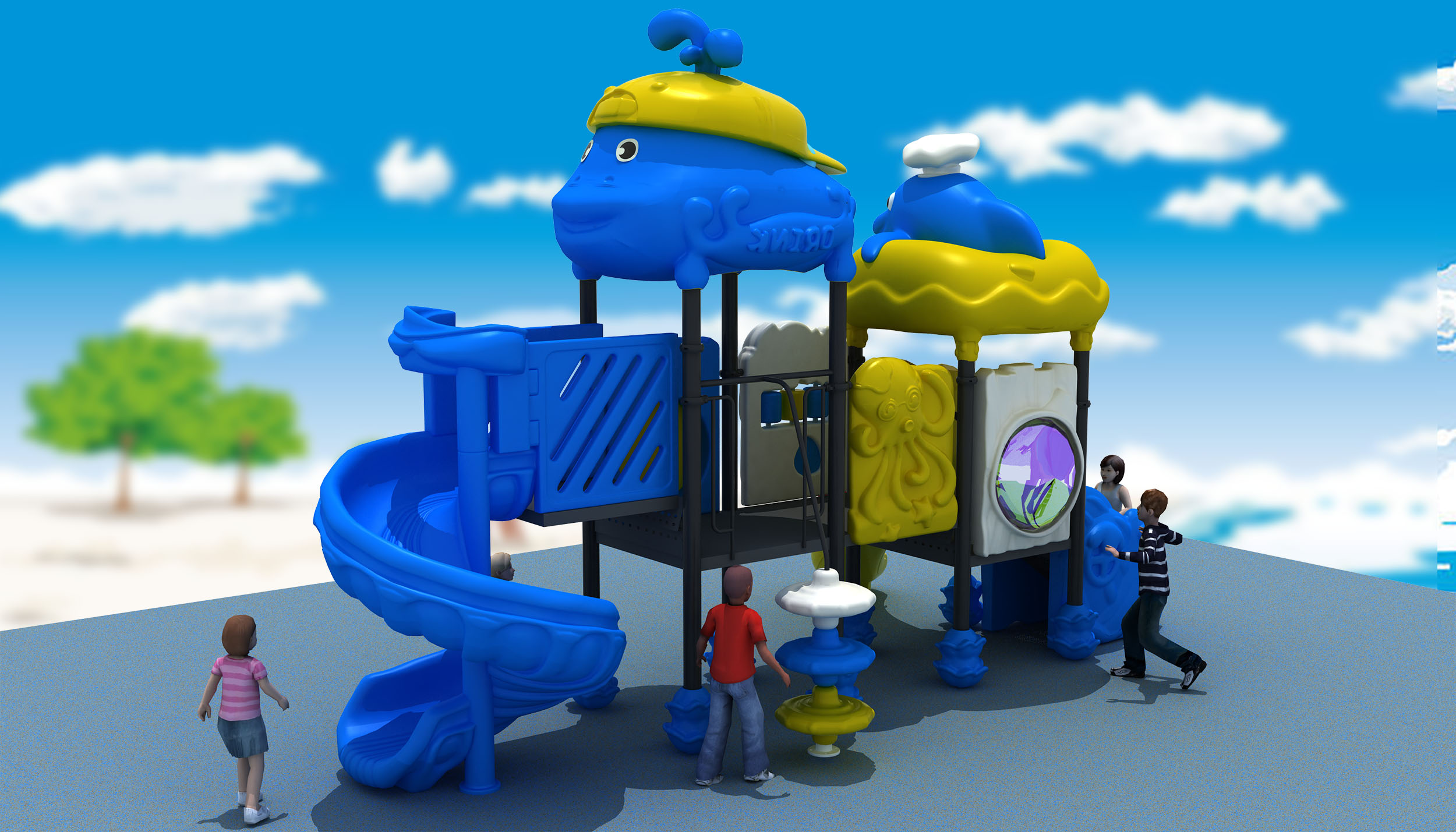 kindergarten children outdoor playground with plastic slide and swing for kids