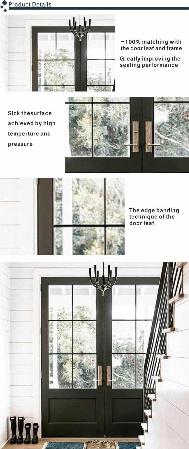 Villa door Modern design European standard double panels swing style wood door with glass