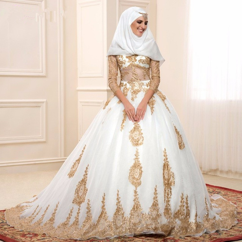 FA67 Gold and White Islamic Wedding Dresses Ball Gown