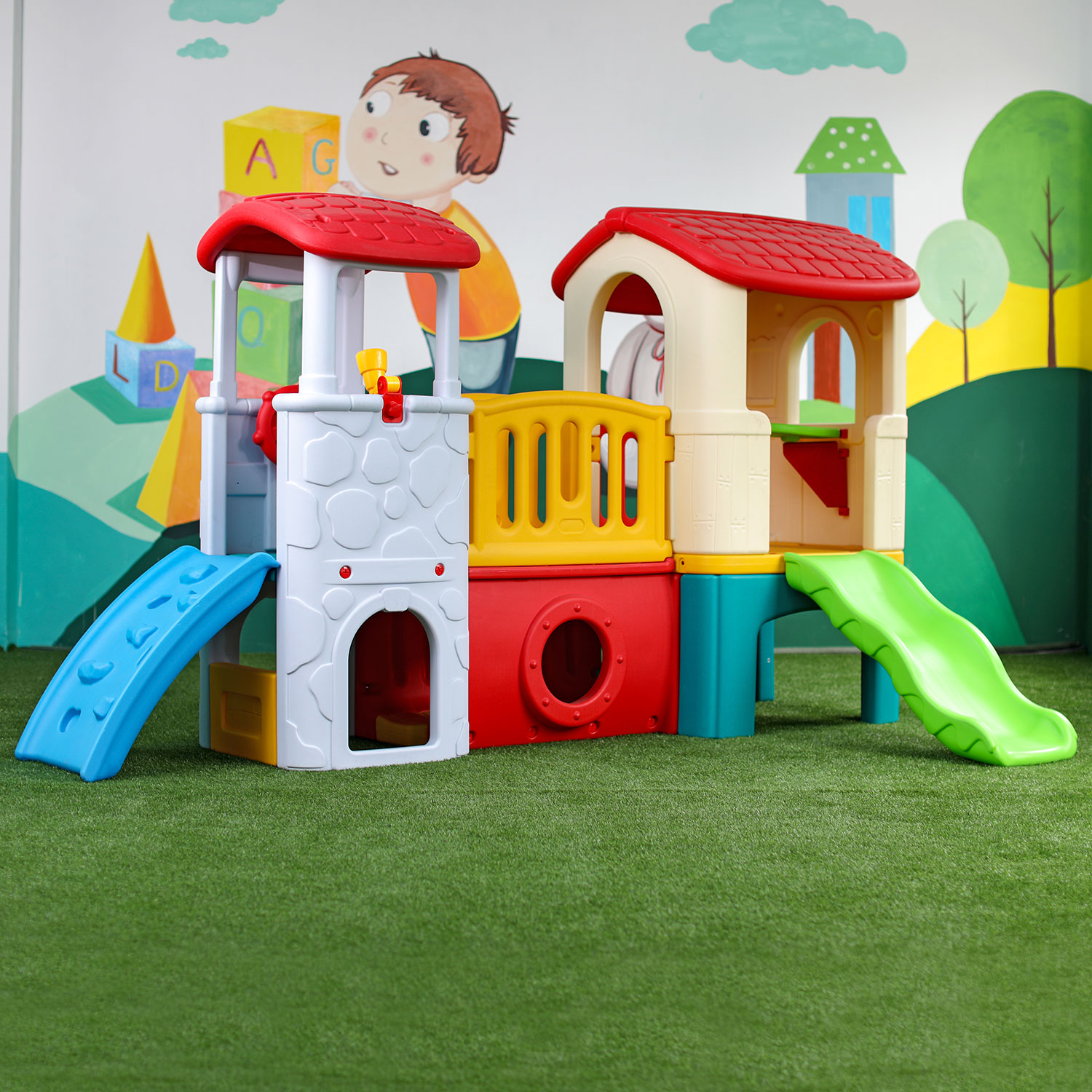 LLDPE children plastic playhouse and baby slide colorful playhouse with slide set for sale