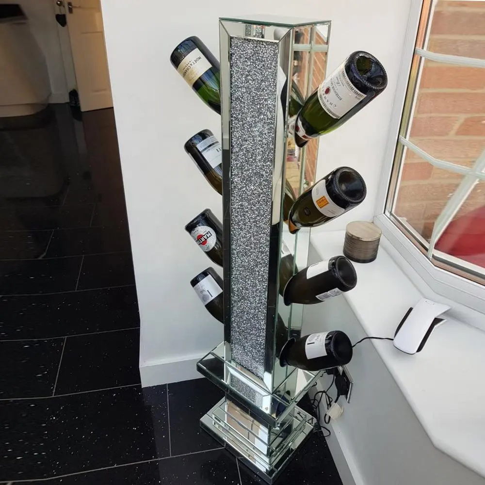 UK style hot sales crushed diamond floating silver mirrored wine bottle holder
