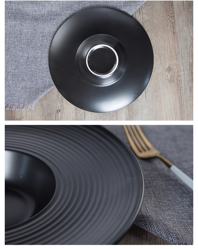 Wide Rim Gourmet Deep Plate Porcelain Matte Black Pasta Dishes