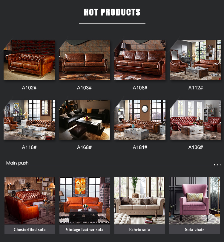 American Retro vintage chesterfield sofa tufted buttons back genuine leather sofa set 123 for living room hotel clubs and office