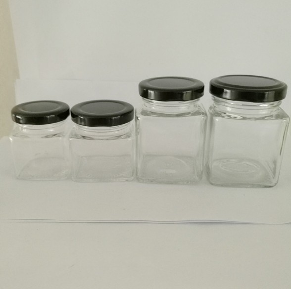 square shaped honey glass jar jam / storage jar with screw metal lid