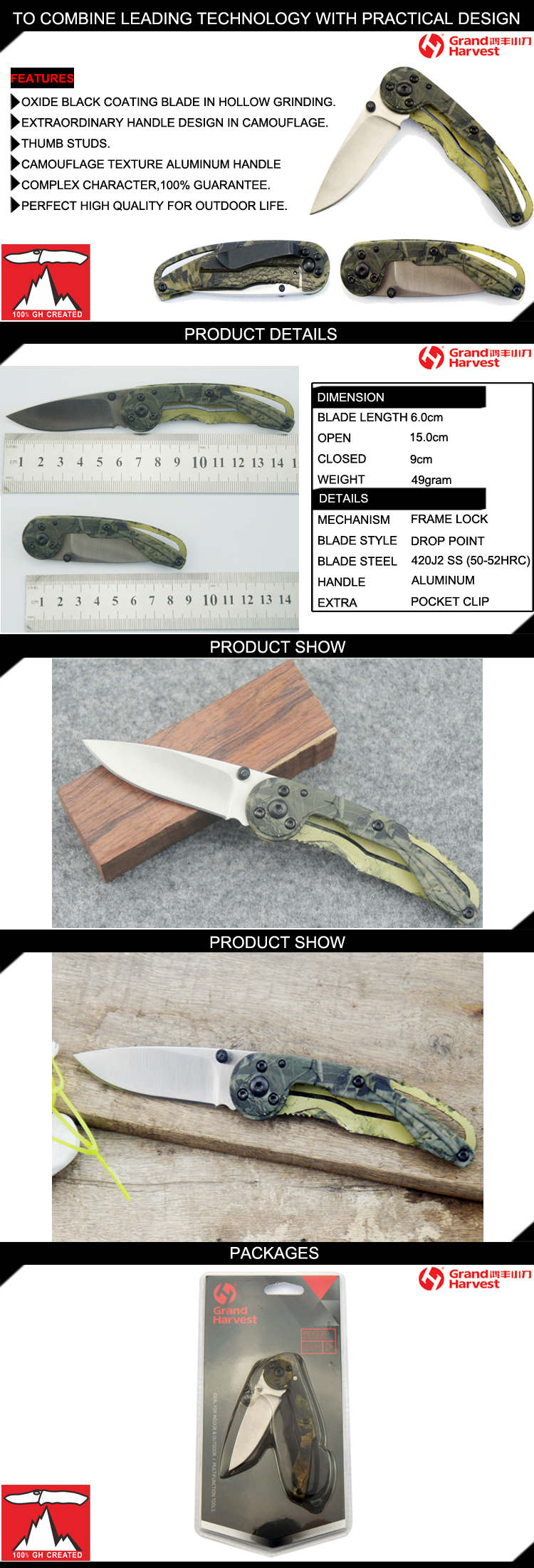 Premium 420 stainless steel folding pocket knife with aluminum camouflage handle frame safe lock for hunting and camping