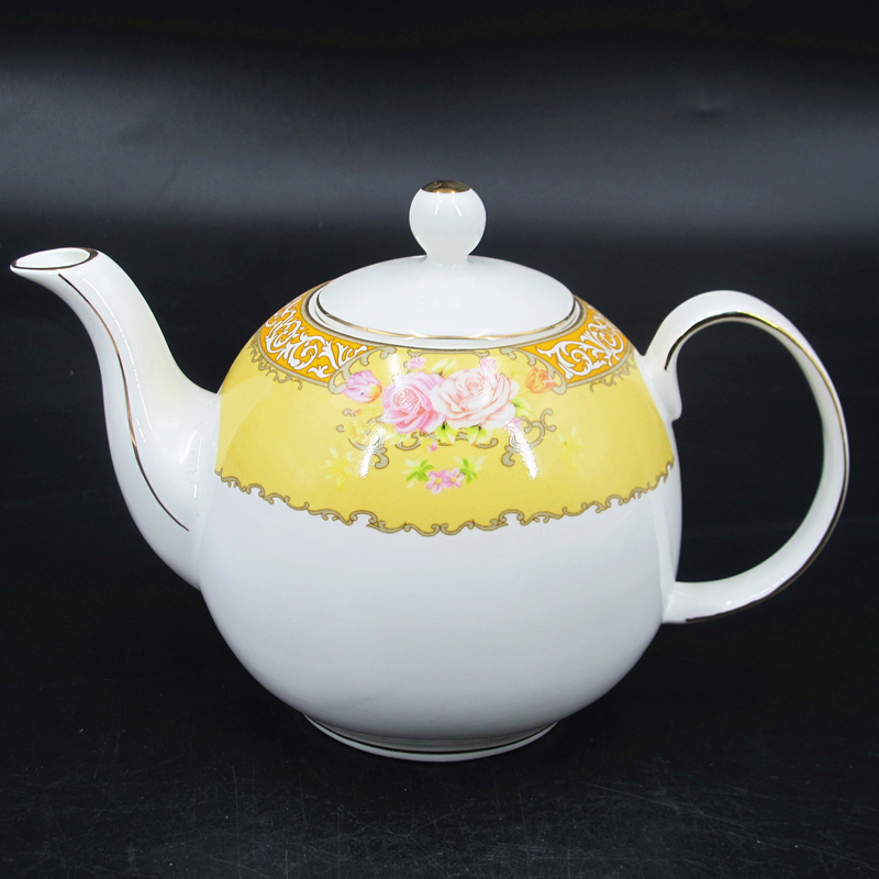 ceramic tea set 15pcs 17pcs elegant yellow decal antique European fine bone china tea set made in china