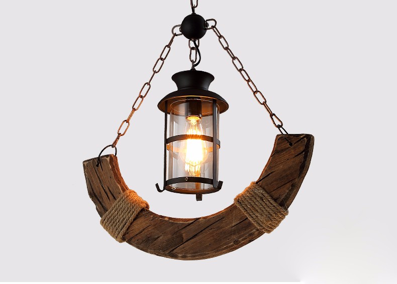 Unique design retro copper solid wood half moon iron shade pendant lamp for reception