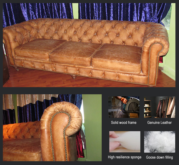 Foshan factory bespoke tan leather sofa chesterfield living room sofa couch tufted buttons