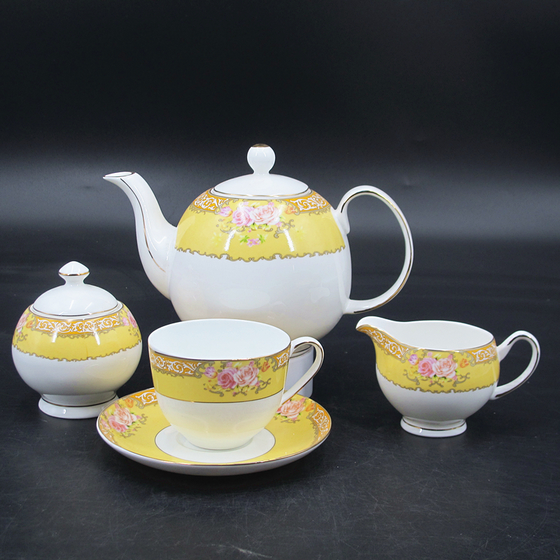 ceramic tea set 15pcs 17pcs elegant yellow decal antique European fine bone china tea set made in china