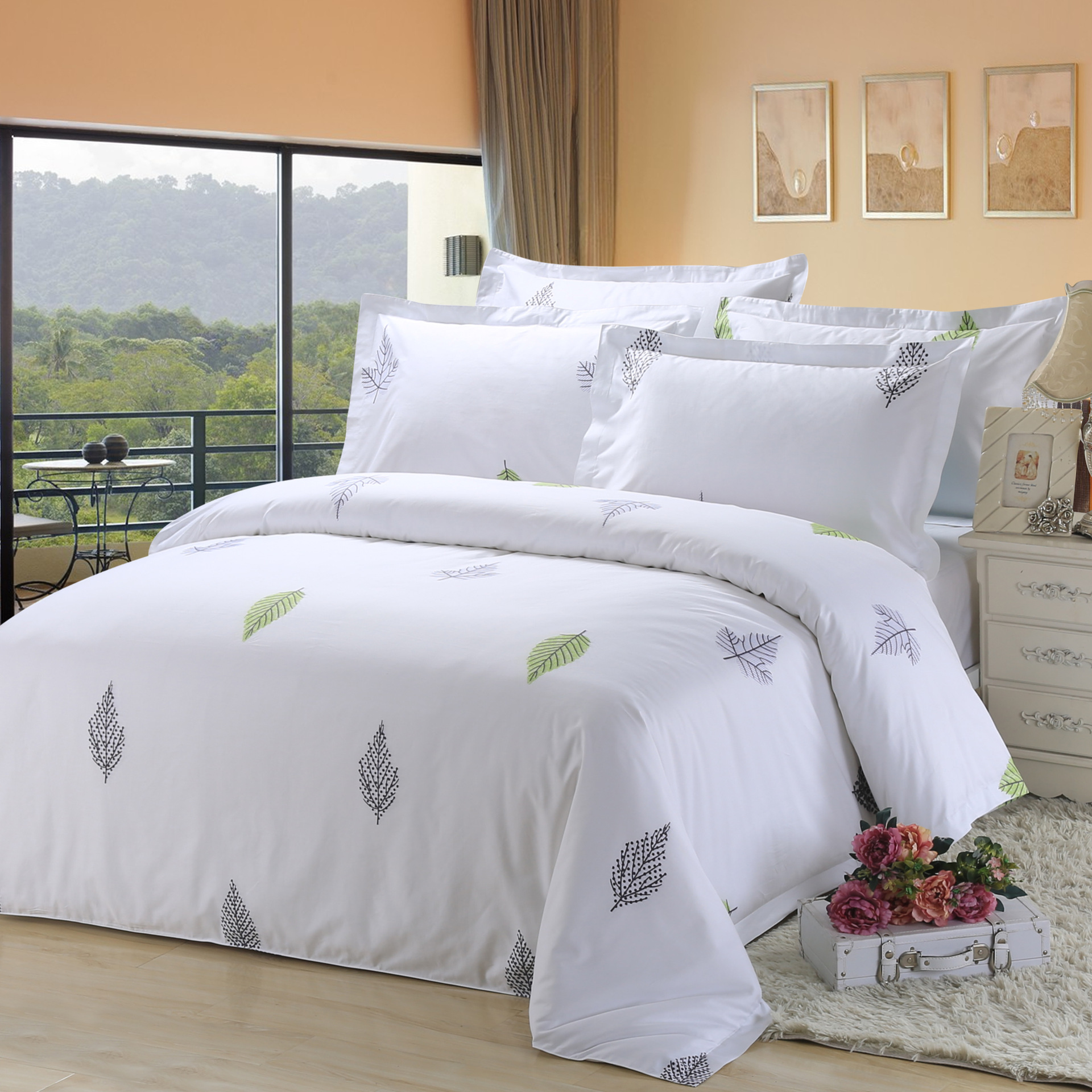 Luxury White linen 7 Piece Duvet Set, Silky Soft hotel Quality Long-Staple Sateen Cotton bedding set- Printed Percale Sheet Set