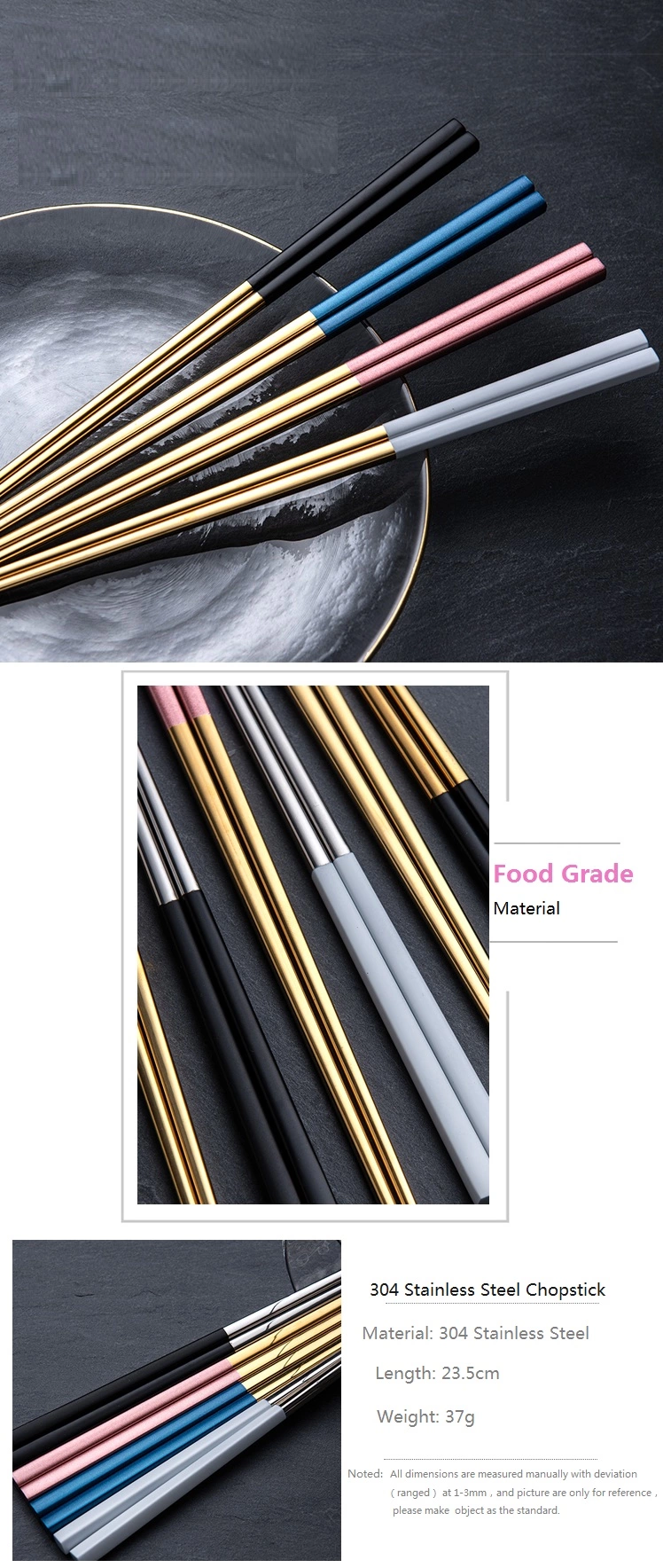 Customized Logo 304 Stainless Steel Metal Chopstick  With Titanium Plated Gold Japanese Chopsticks