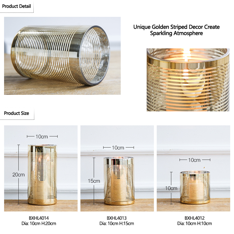 Bixuan Glass Hurricane Candleholders with Unique Golden Striped Decor Cylinder Wedding Vases Dining Table Centerpieces, 3.9'' H