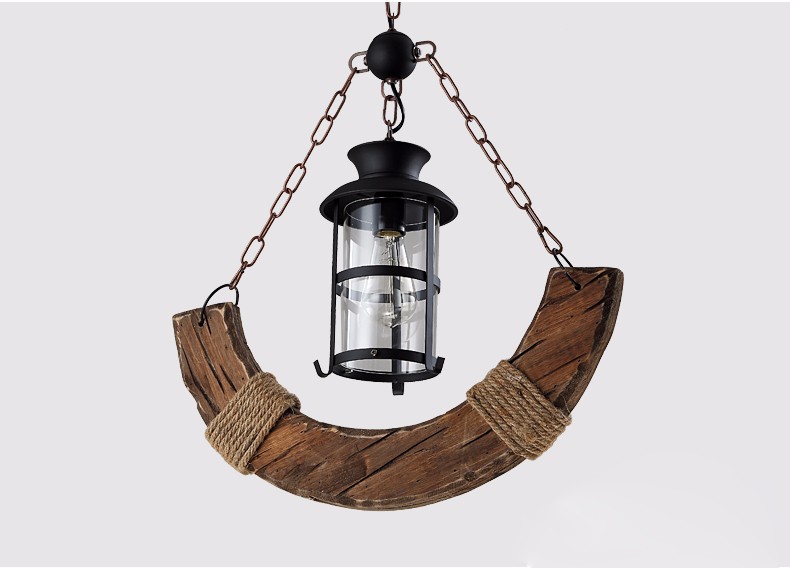 Unique design retro copper solid wood half moon iron shade pendant lamp for reception
