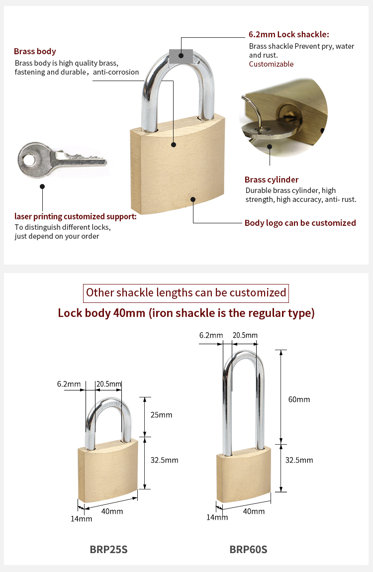 Industrial Solid Brass Pad Locks Custom Length Steel Shackle Brass Padlock