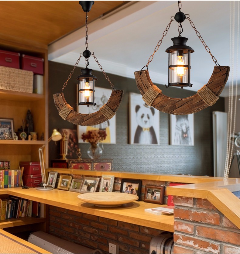 Unique design retro copper solid wood half moon iron shade pendant lamp for reception