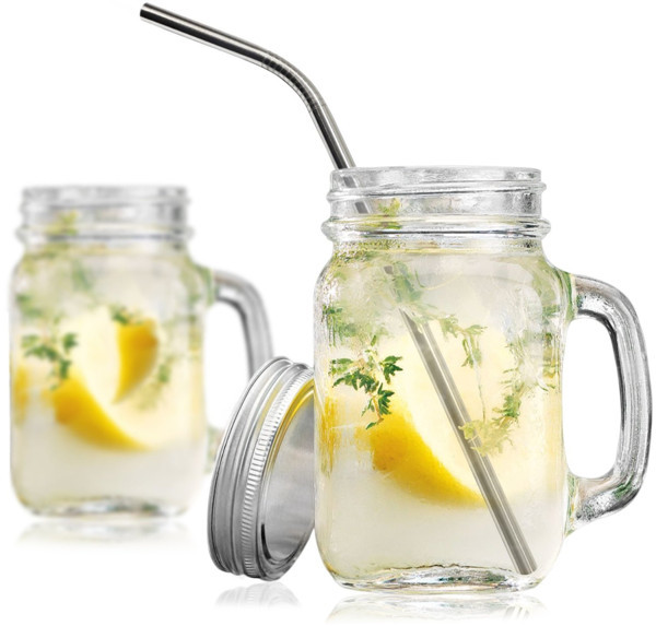 Custom Wide Mouth Glass Mason Jar With Handle Straw Storage Jar