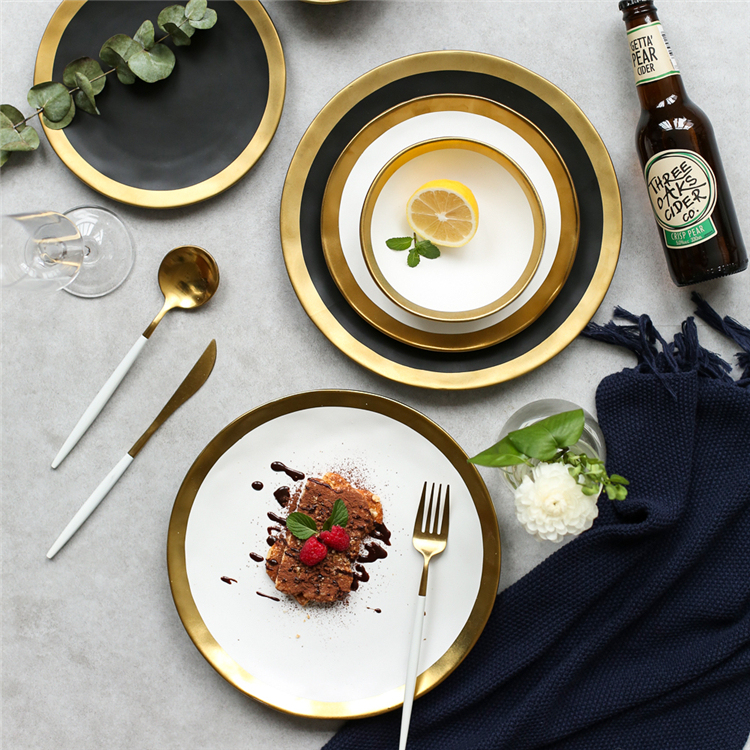 Customized nordic dinnerware sets ceramic wedding white dishes plates set with gold rim