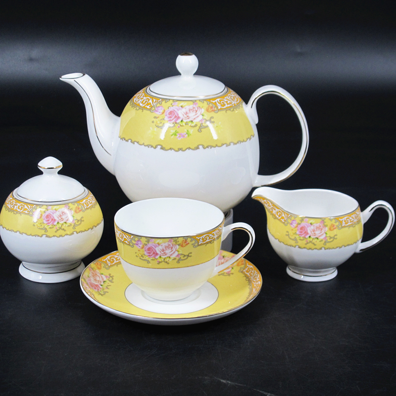 ceramic tea set 15pcs 17pcs elegant yellow decal antique European fine bone china tea set made in china