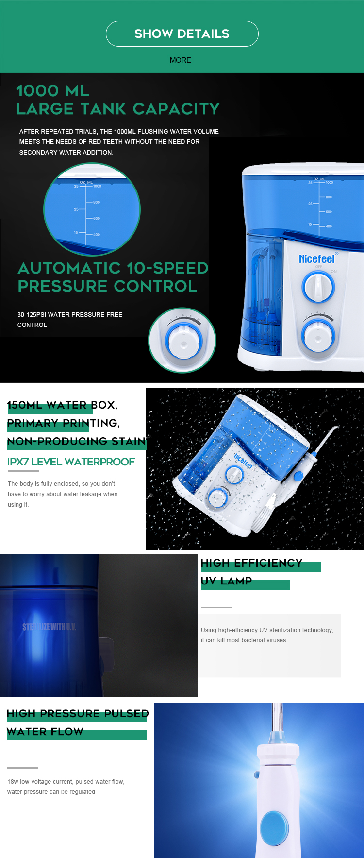FDA Countertop Oral Irrigator 1000ml Pic Style Dental Water Flosser