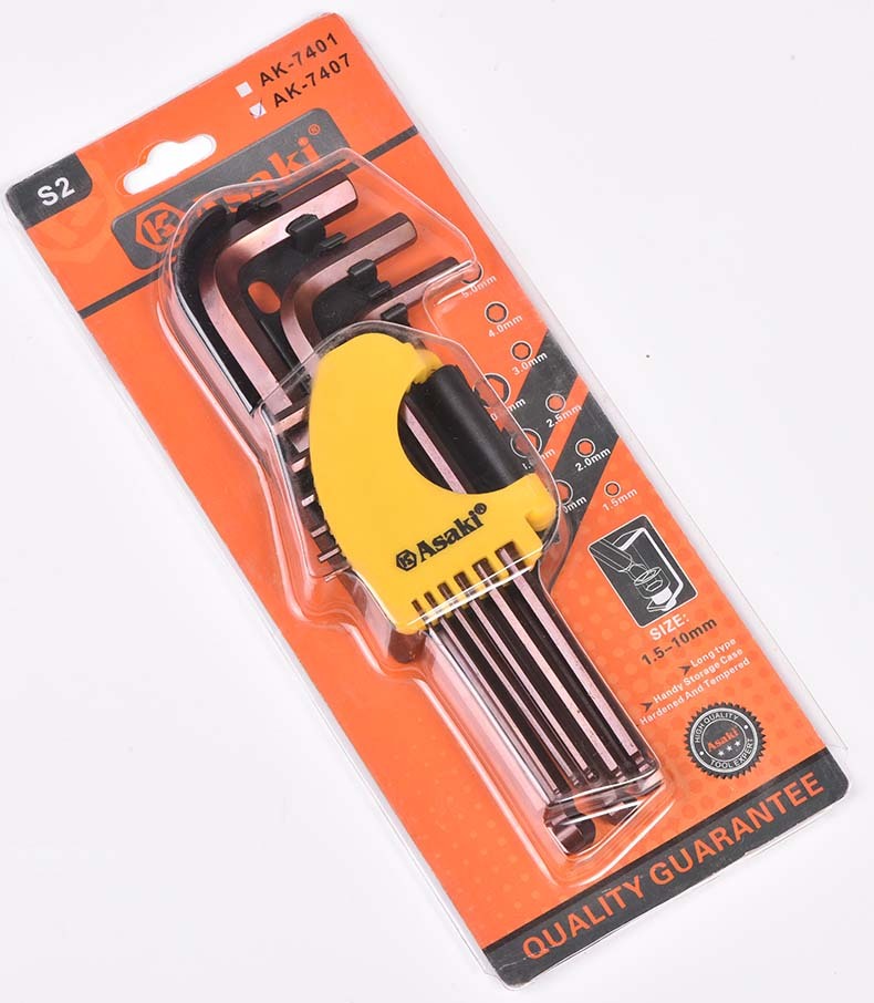 ASAKI AK-7407 Long Type S2 Plated Ball Point End Hex Key Wrench Set Hex Key  9pcs #1.5mm 2mm 2.5mm 3mm 4mm 5mm 6mm 8mm 10mm