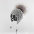Myfur Crochet Fur Pom Pom Beanie 100 % Cashmere Hat for Kid with Earflap