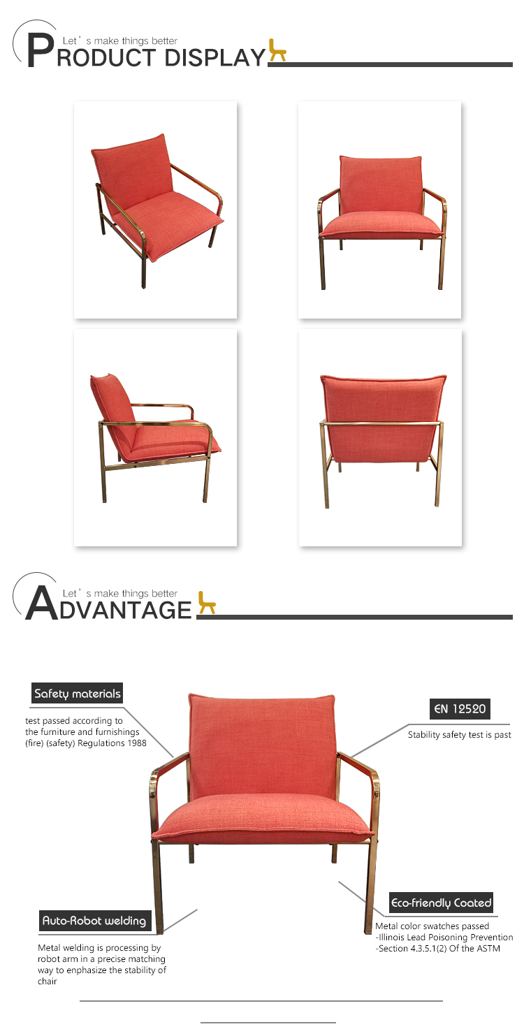 Apartment furniture gold metal red fabric danish armchair
