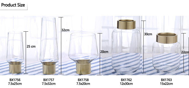 Bixuan Vases Clear Glass Flower Arrangement Vases Brass Gold Band Decor Dining Table Wedding Centerpieces, 7.9'' H x 4.9'' D