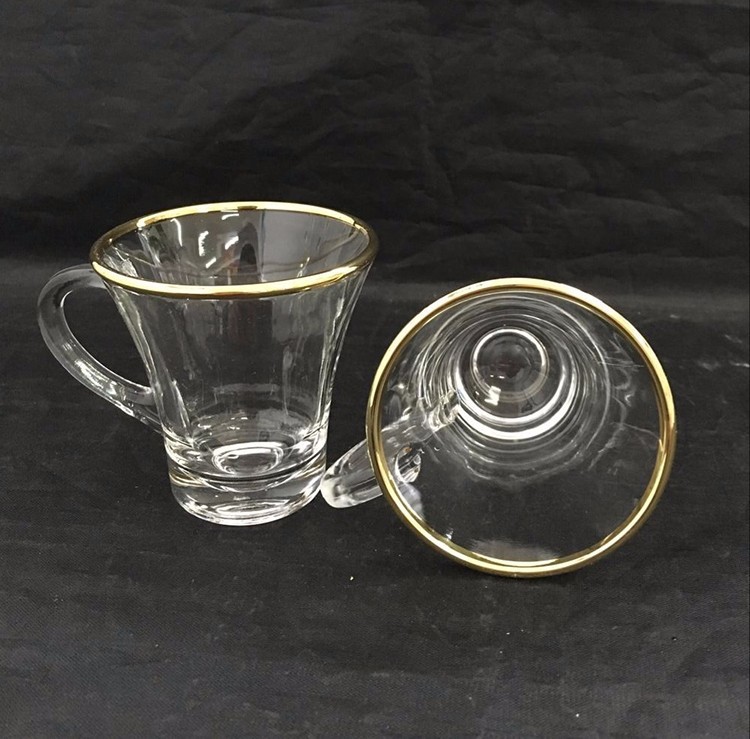 glass coffee mug with gold rim