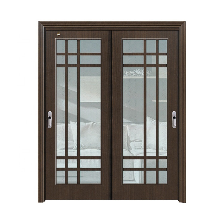 Minimalist teak wood double door glass design sliding glass door