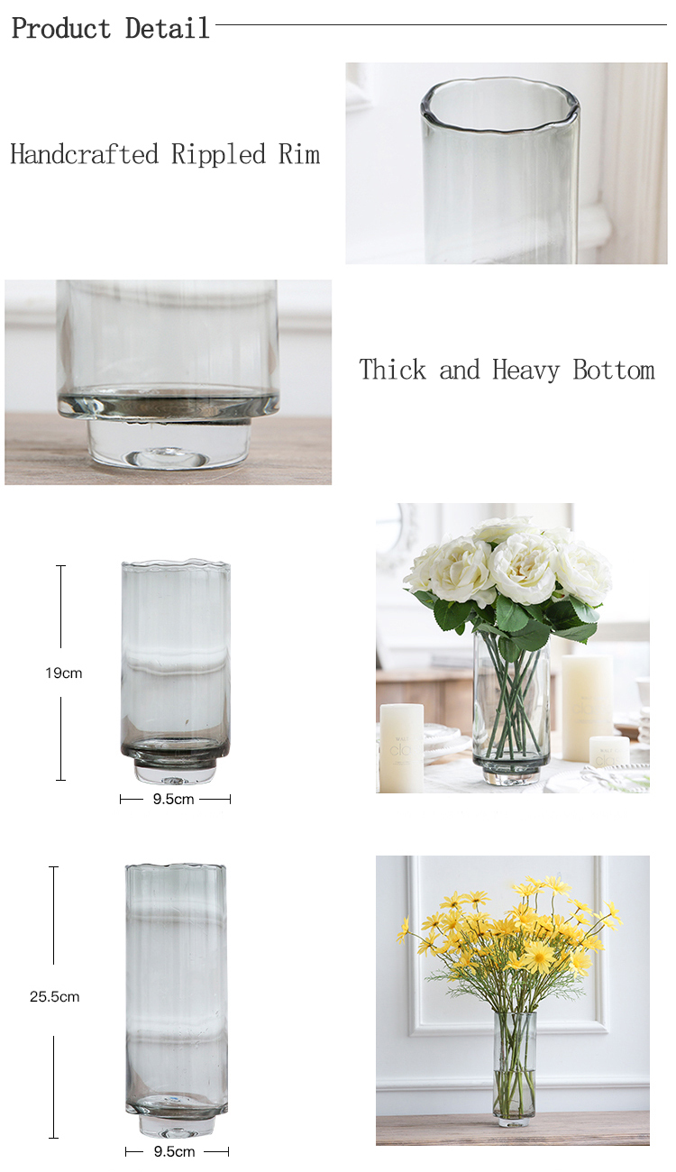 Bixuan Vases Grey Glass Flower Arrangement Cylinder Vase with Rippled Mouth Decor Table Centerpieces Candleholder Accent 19cm H