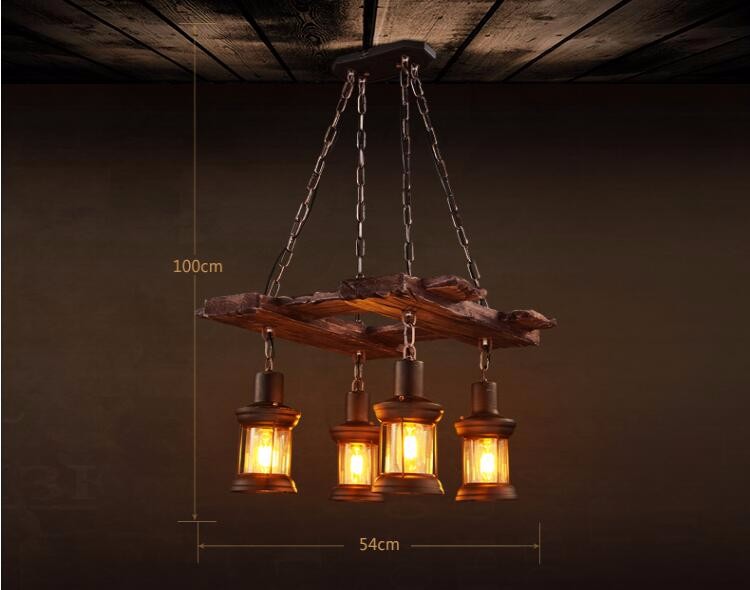 4 lamps head retro painted solid wood antique iron wooden hanging lamp for coffee shop,bar