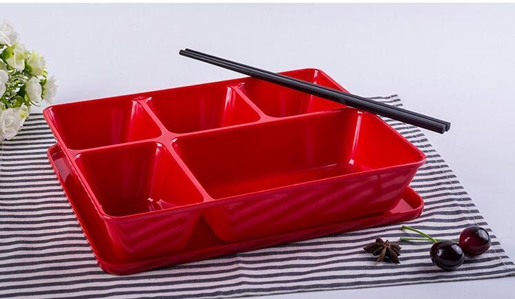 High quality 5 compartment plate with lid melamine plate with cover