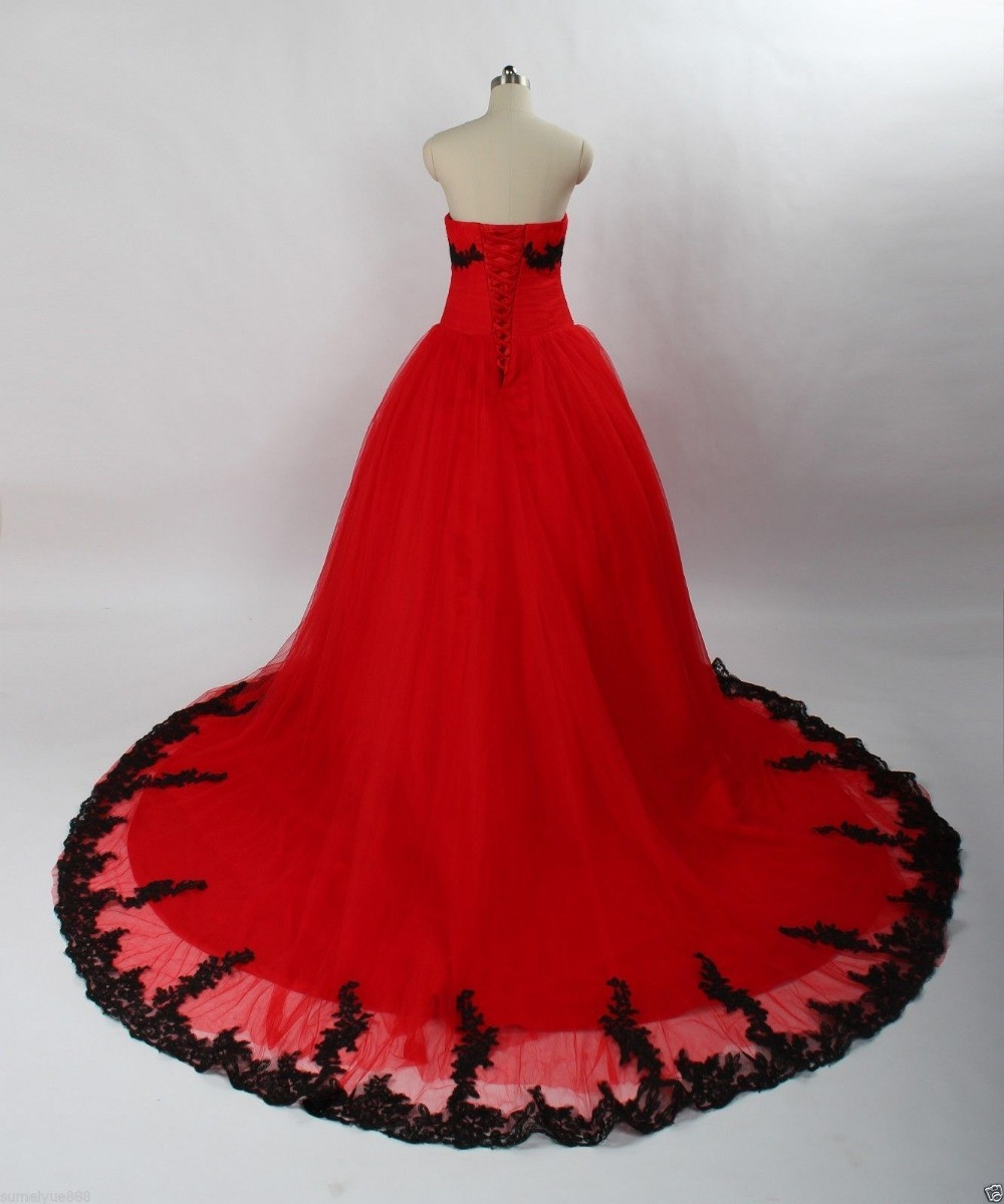 Vintage Black and Red Gothic Ball Gown Wedding Dress