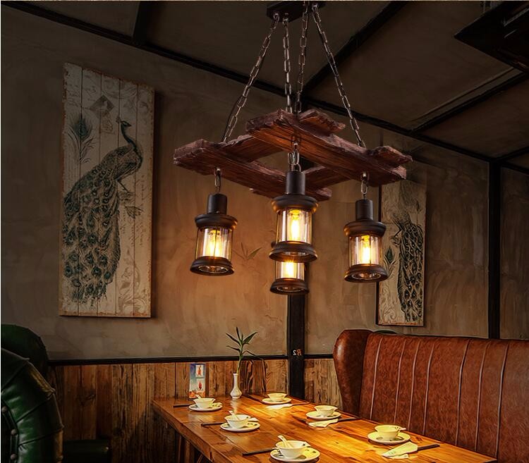 4 lamps head retro painted solid wood antique iron wooden hanging lamp for coffee shop,bar