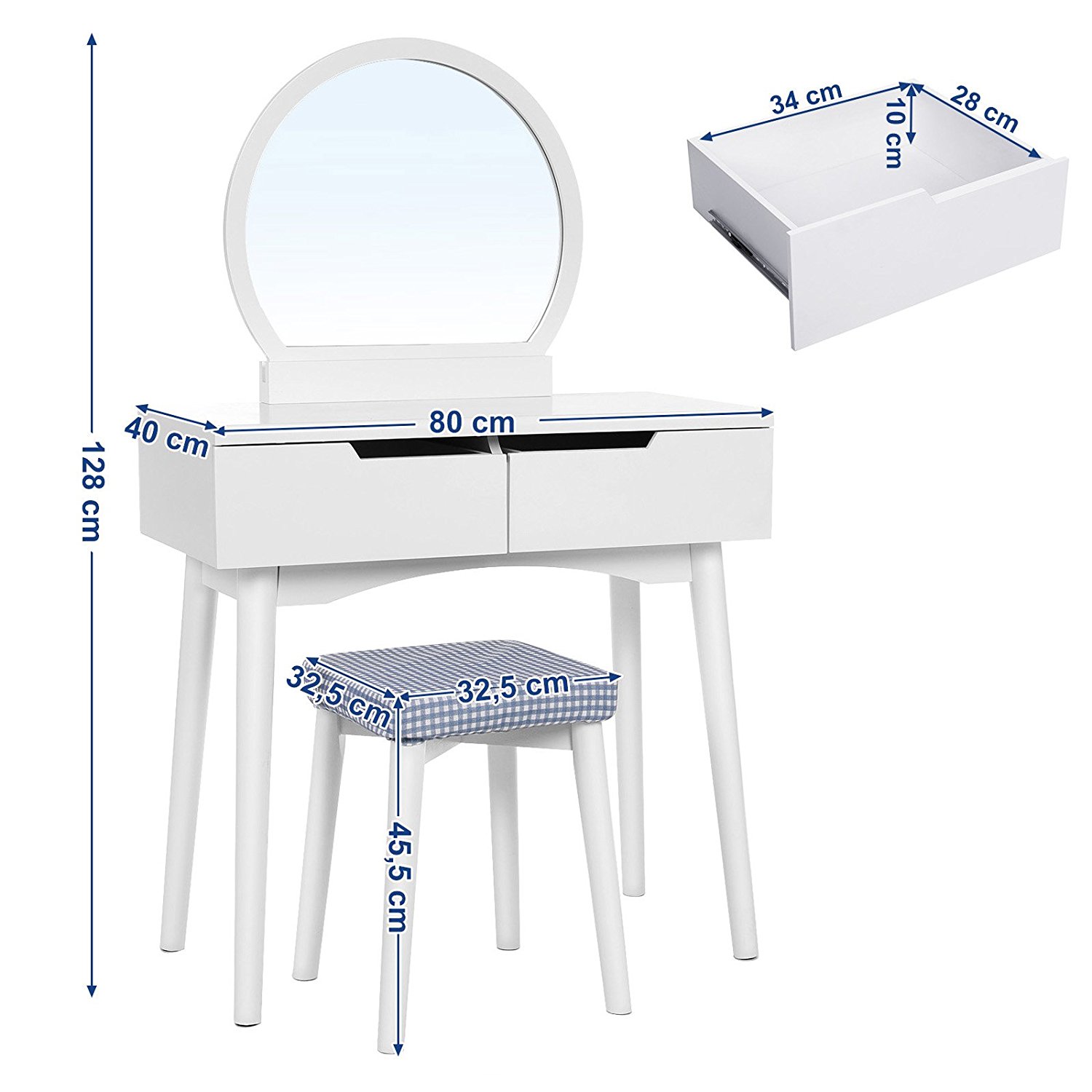 Modern Dressing Table Set with Sliding two large Drawers White