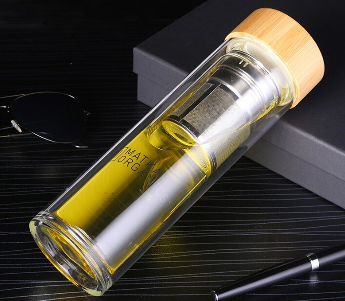 Double wall Borosilicate Glass Water Bottle with bamboo lid and metal tea filter