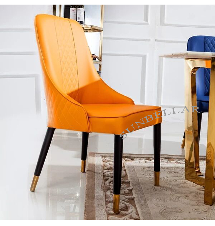 living room furniture chair wooden leg with gold steel cover high back leather modern dining chair