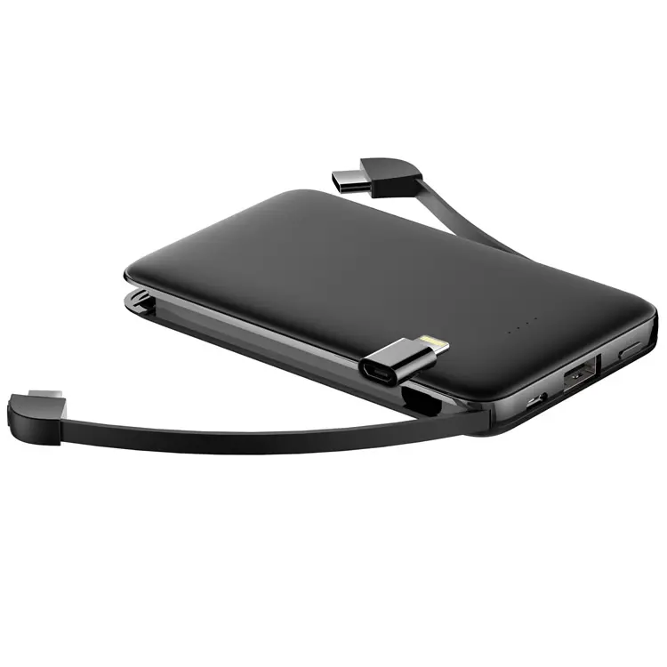New design slim 5000mah type-c power banks with built-in 2 cables