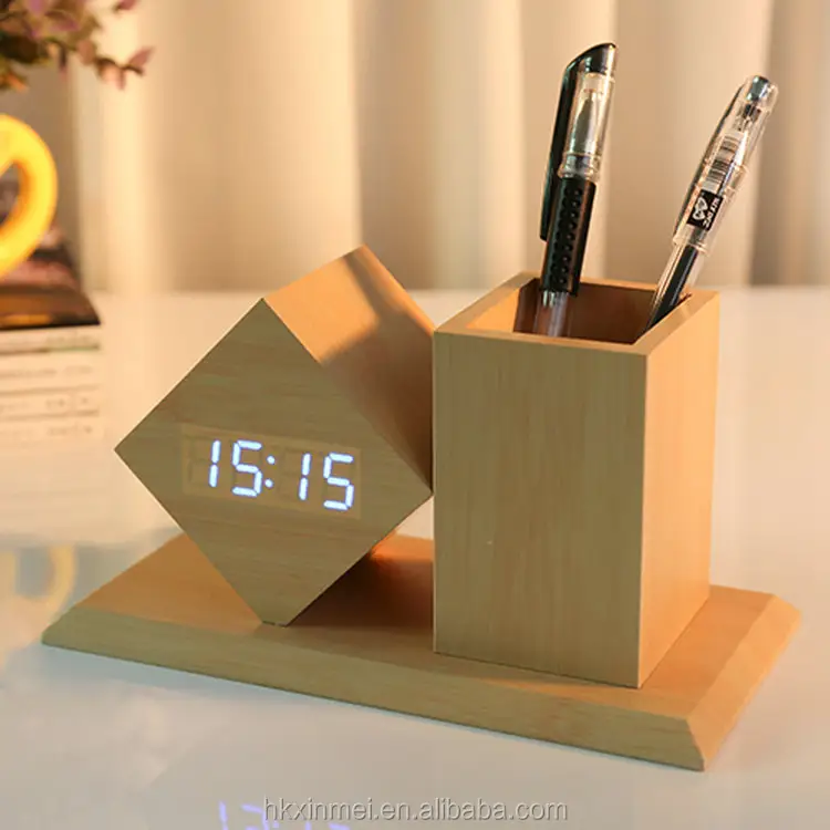 HXT Wooden Digital Temperature Pen Holder Alarm Clock for Gift & Promotion with Cheapest Price
