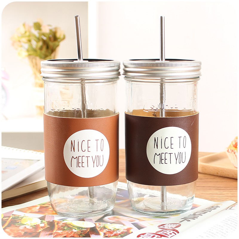 Haonai glass mason jar with split metal lid,stainless steel straw and PU cover,500ml drinking glass jar.