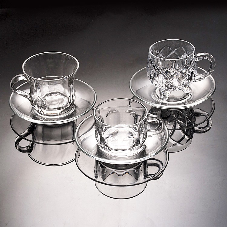 Haonai clear glass tea coffee set clear glass coffee cup with saucer with embossed design