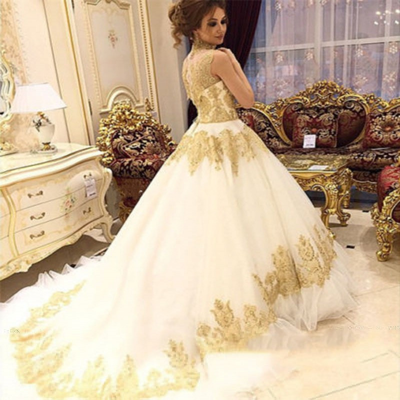 NE070 Wedding Dress - Gorgeous Gold Lace Sequins Beading