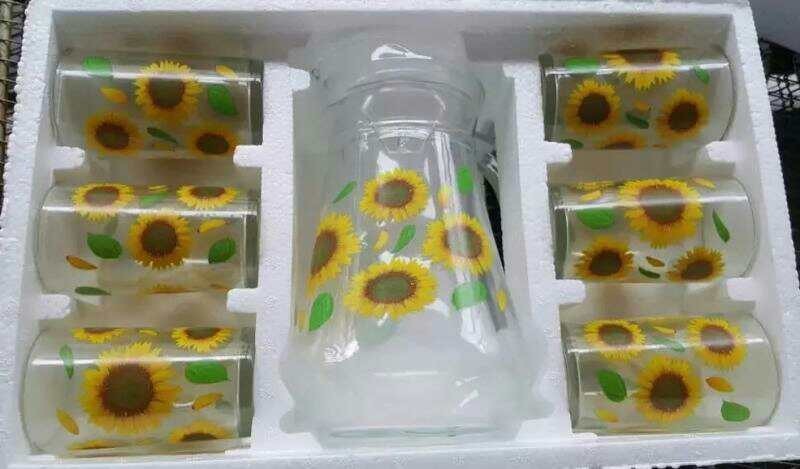 Eco-Friendly 7 pcs glass set with color printing glass water drinking juice jug set