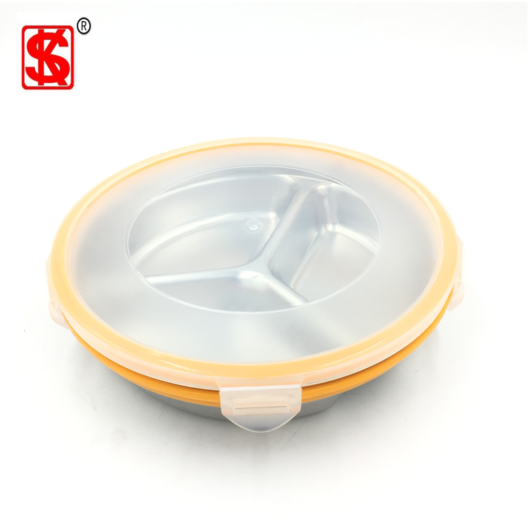 Stainless steel fast food tray dinner divided plate compartments Leak-proof Lunch box dish with PP Lid